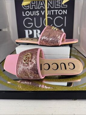 Gucci Pink Sequin GG Slide Sandals with Gold Logo